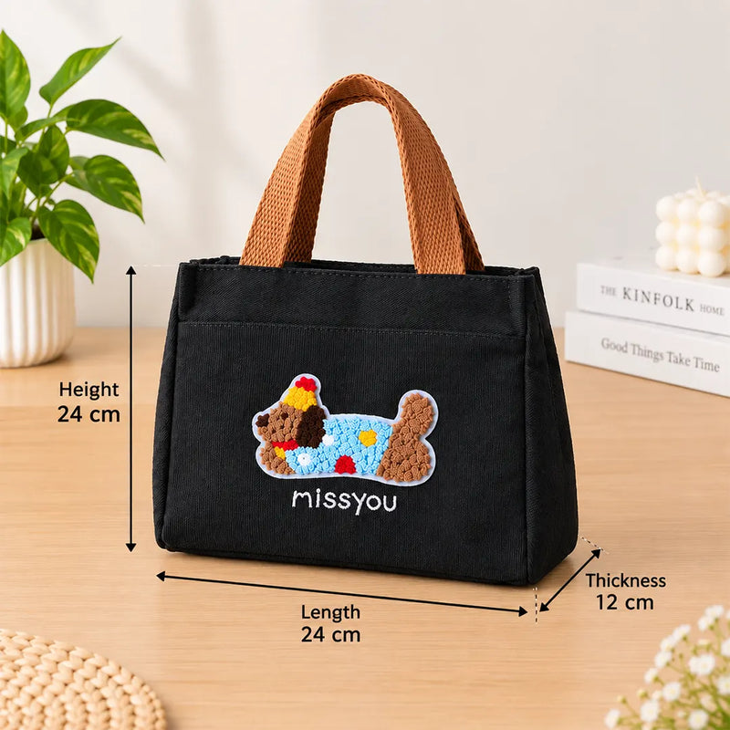 Puppy Theme Stylish Embroidered Canvas Tote Bag