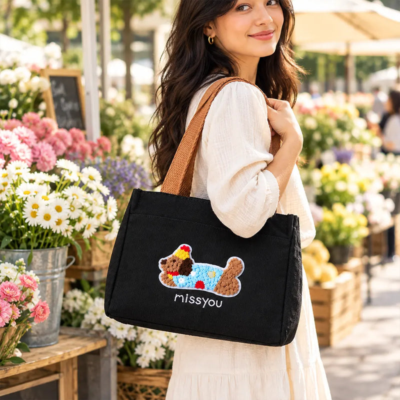 Puppy Theme Stylish Embroidered Canvas Tote Bag