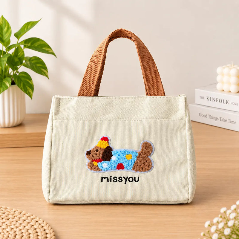 Puppy Theme Stylish Embroidered Canvas Tote Bag