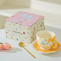 Ribbon Handle Porcelain Mug With Scalloped Saucer Korean Style