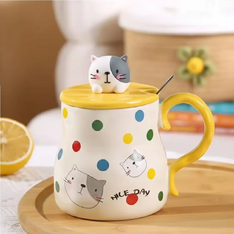 Cute 3D Animal Mug with Lid & Spoon – Bunny Panda Bear Kitty Gift Porcelain Coffee Cup