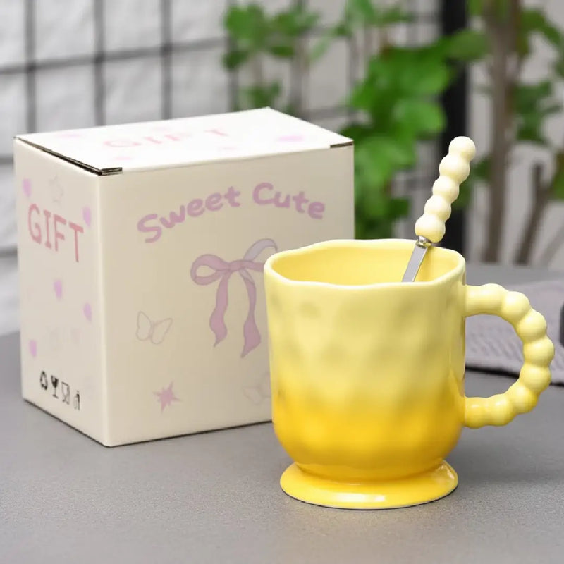 Pastel Gradient Porcelain Mug with Spoon – Dimple Texture Coffee Cup in Gift Box