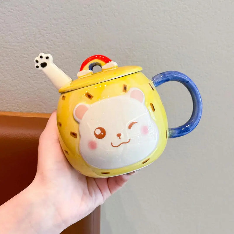 Cute 3D Cat Porcelain Mug – Kawaii Coffee Cup with Rainbow Lid & Paw Spoon