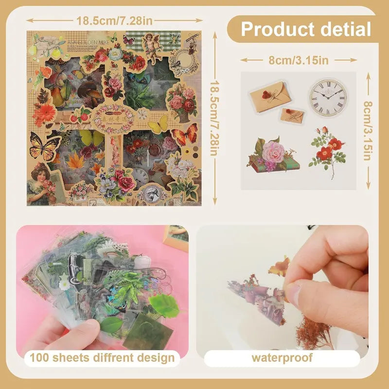 Vintage Botanical Scrapbooking Sticker Box Set with Floral, Butterfly and Ephemera Collection
