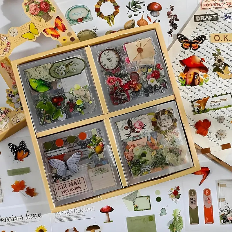 Vintage Botanical Scrapbooking Sticker Box Set with Floral, Butterfly and Ephemera Collection