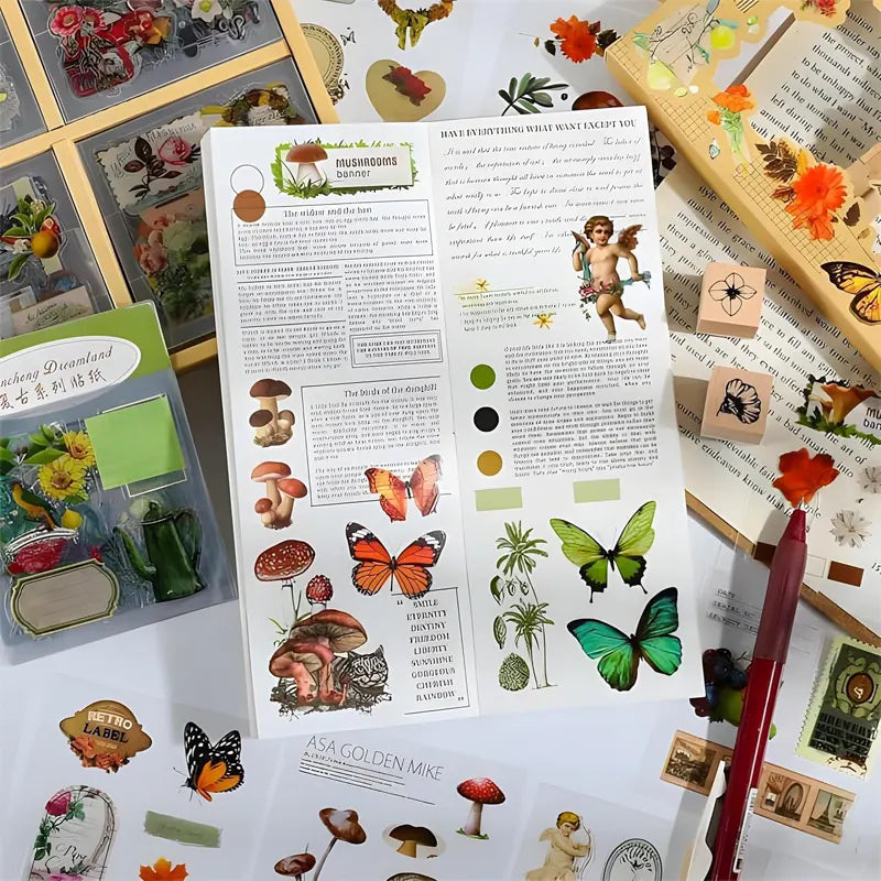 Vintage Botanical Scrapbooking Sticker Box Set with Floral, Butterfly and Ephemera Collection