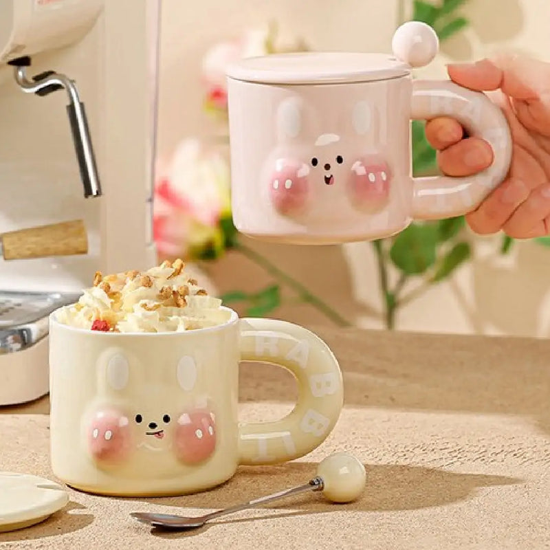 Cute 3D Rabbit Porcelain Mug with Ball-Tip Lid