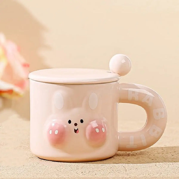 Cute 3D Rabbit Porcelain Mug with Ball-Tip Lid