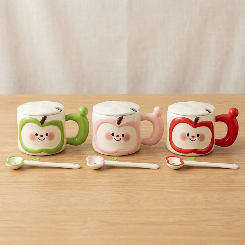 Cute Apple Porcelain Mug with Lid & Spoon – Smiling Fruit Design Coffee & Tea Cup, Premium Gloss Finish