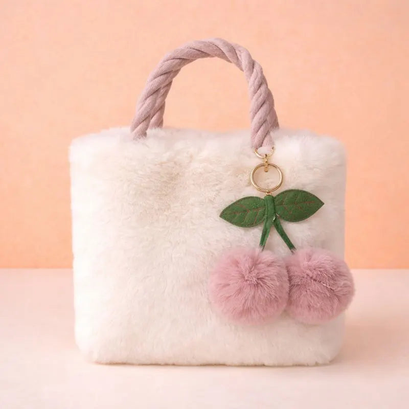 Soft Faux Fur Cherry Handbag with Rope Handles