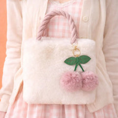 Soft Faux Fur Cherry Handbag with Rope Handles