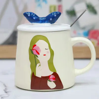 Aesthetic Floral Girl Ceramic Mug with Butterfly Lid