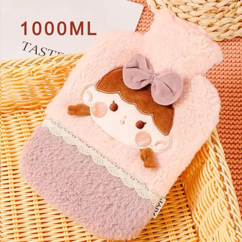 Hot Water Bottle Bag with Cute Girl With Bow Design Soft Cover - 1000ml