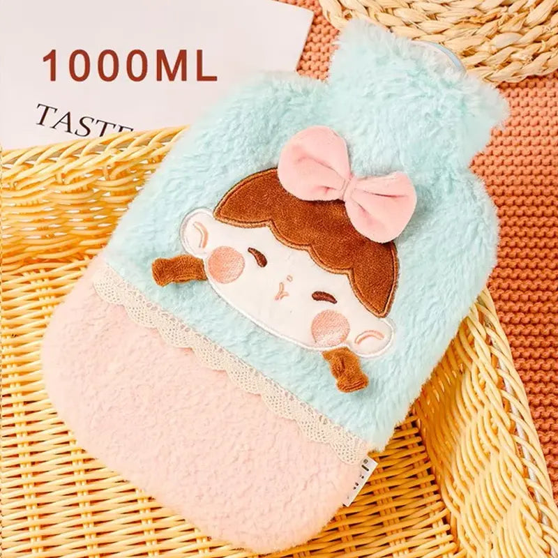 Hot Water Bottle Bag with Cute Girl With Bow Design Soft Cover - 1000ml