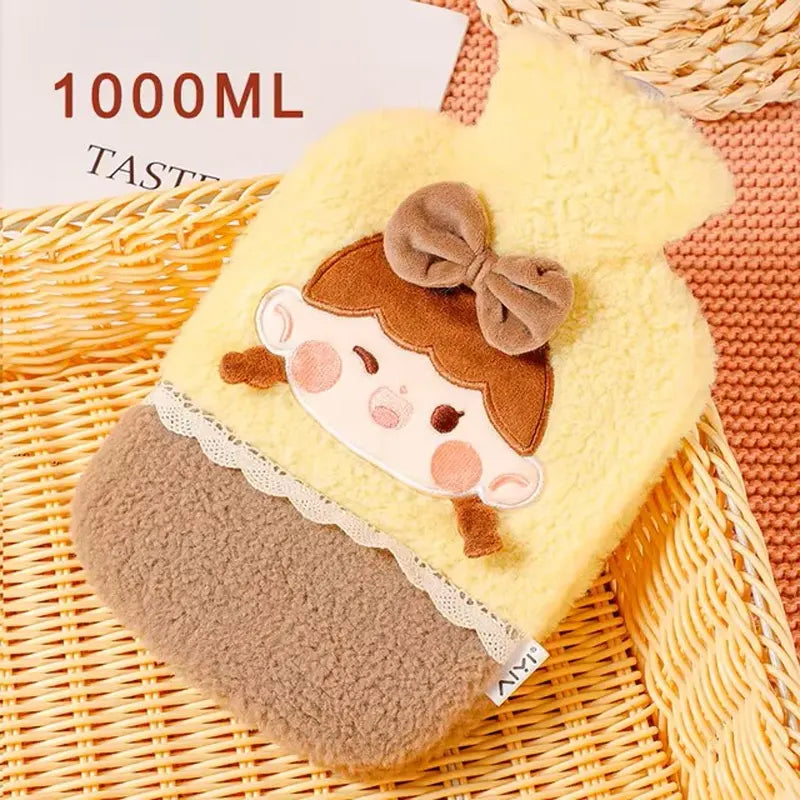 Hot Water Bottle Bag with Cute Girl With Bow Design Soft Cover - 1000ml