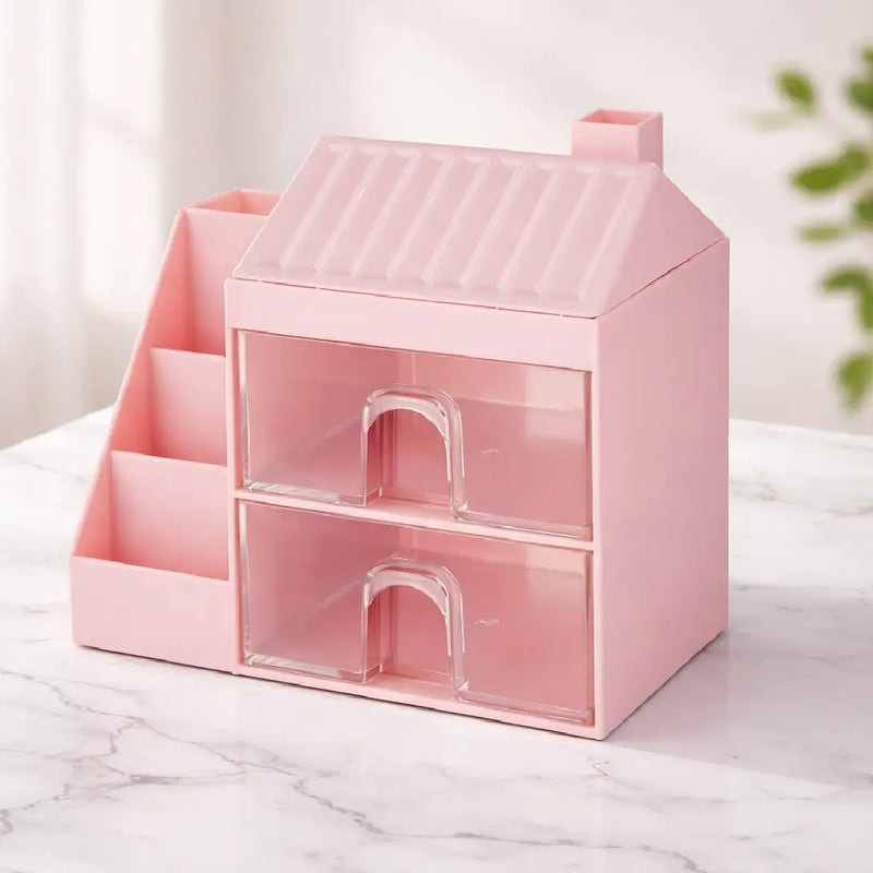 Cute House Desk Organizer for Stationery & Makeup Storage (Pink)