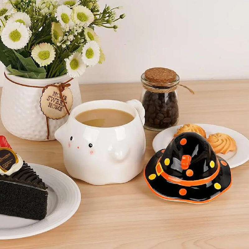 Cute Ghost Porcelain Coffee Mug with Witch Hat Lid