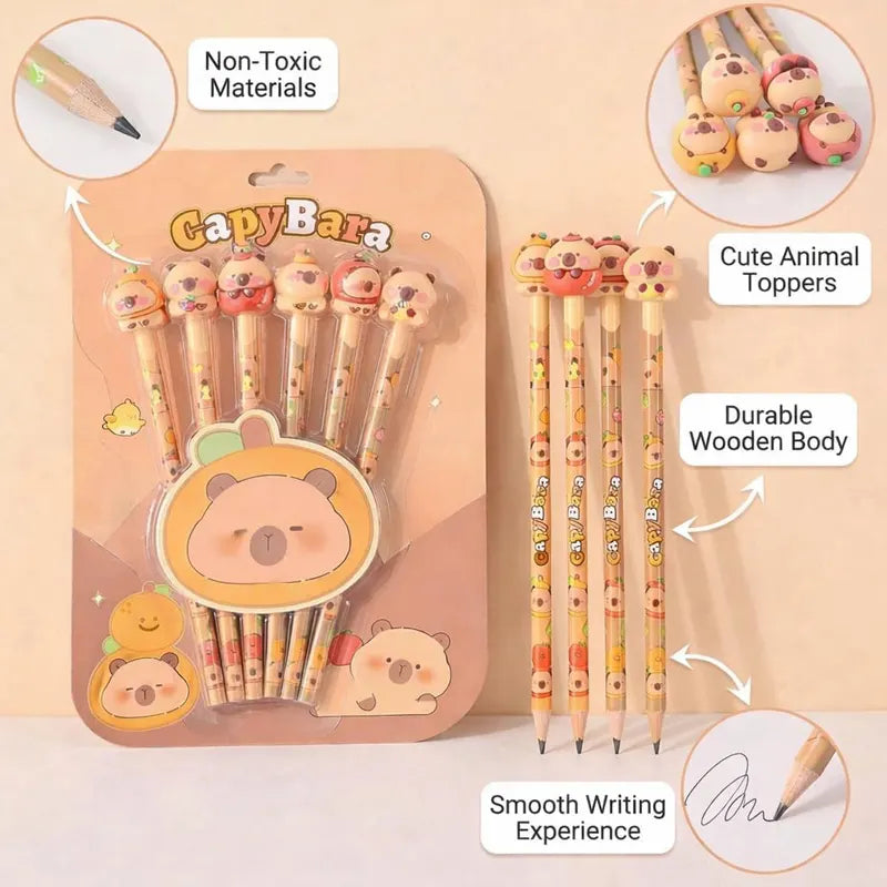 Cute Capybara Themed Premium Pencil Set with Eraser Tops