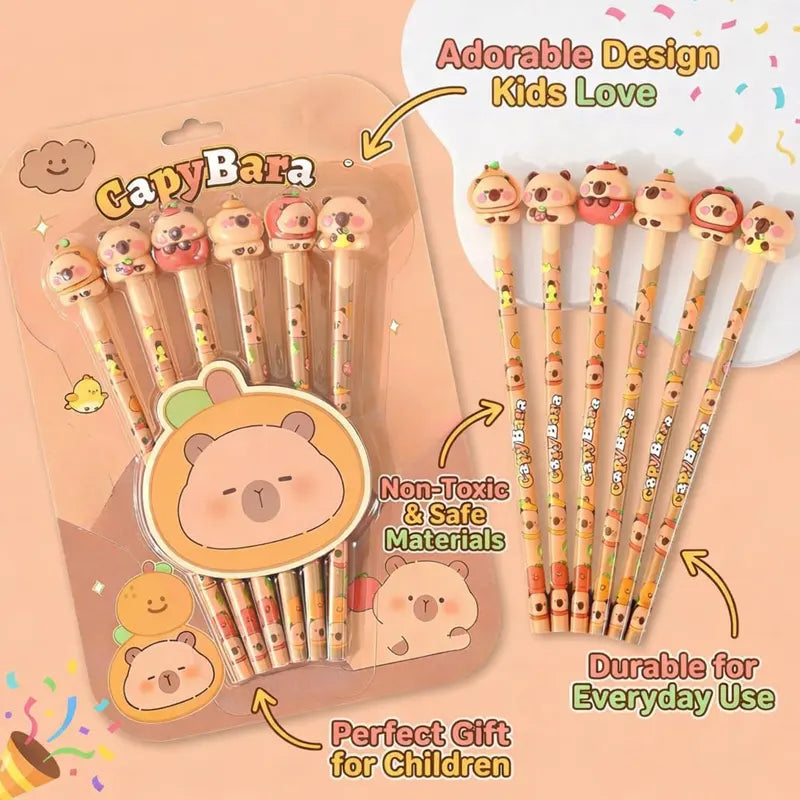 Cute Capybara Themed Premium Pencil Set with Eraser Tops