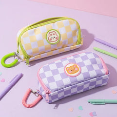 Pastel Checkerboard Pencil Case with Coiled Wristlet