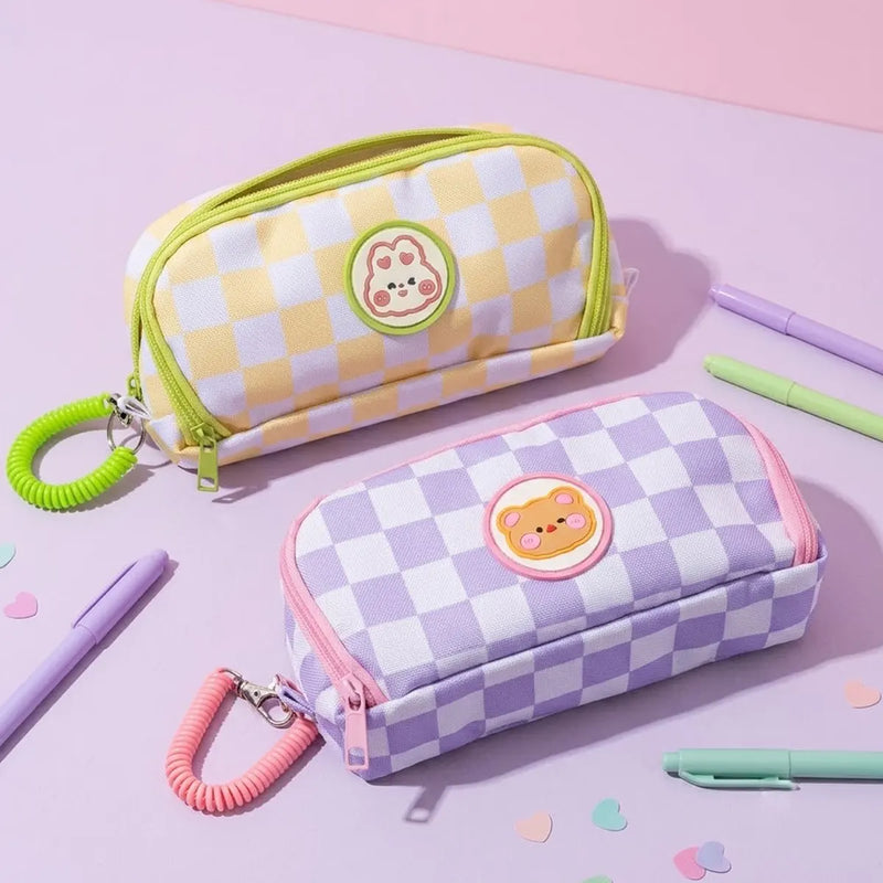 Pastel Checkerboard Pencil Case with Coiled Wristlet