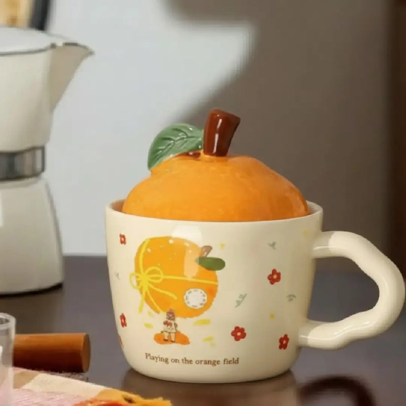 Cute 3D Orange Porcelain Mug with Fruit Lid Design